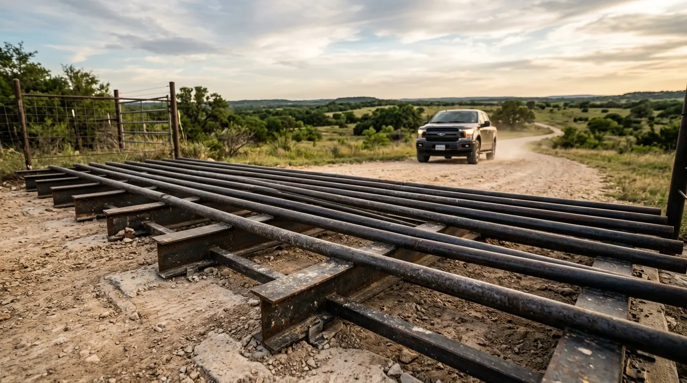 Steel cattle guard resting on grade before the vault is excavated
