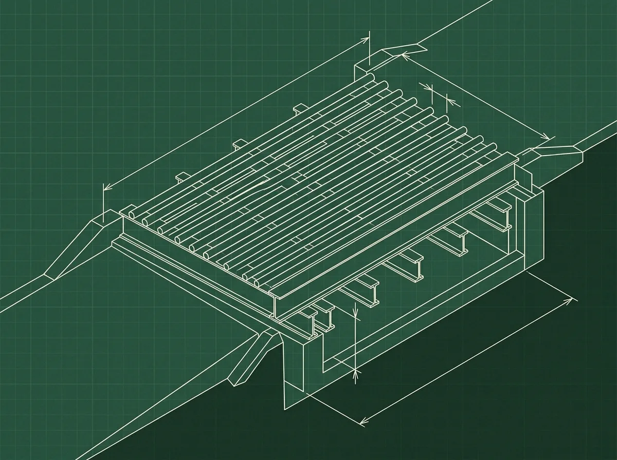 Cattle guard construction: parallel top rails over I-beam supports, set over a shallow vault