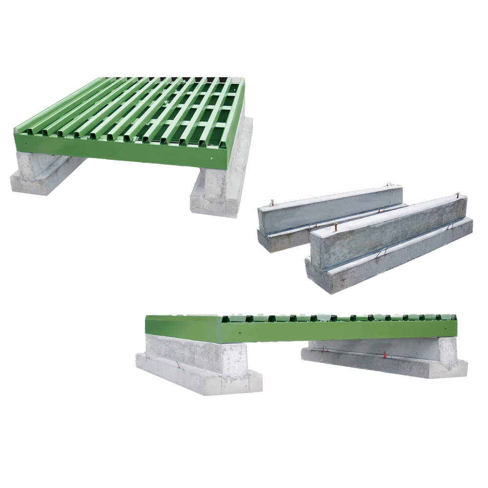 Powder River cattle guard mounted on precast concrete footings, shown from three angles